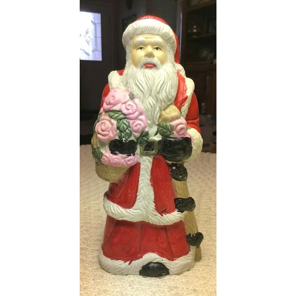Vintage Santa Claus Basket Pink Roses Christmas Figurine Bisque Figure 8" 323A